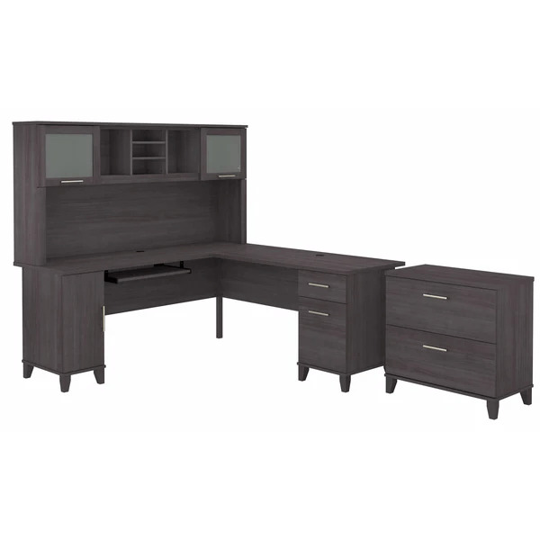 L shaped computer desk with traditional file cabinet 72 w highlight storm gray