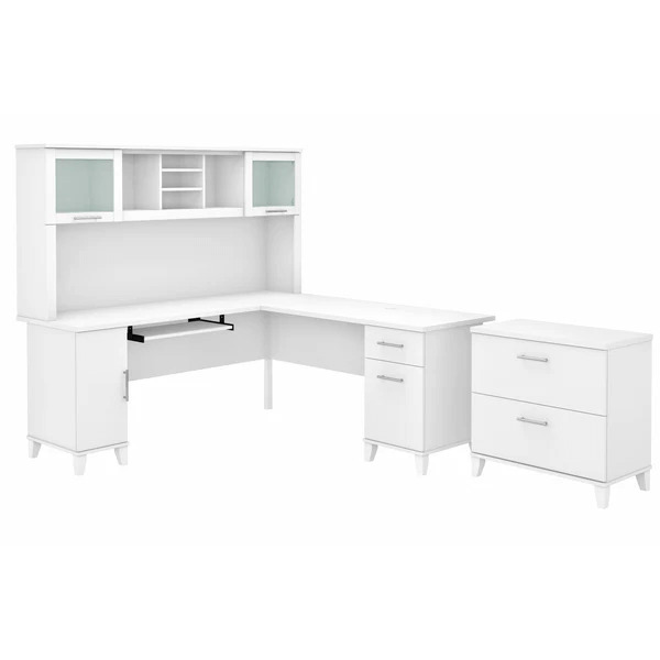 L shaped computer desk with traditional file cabinet 72 w highlight white 1
