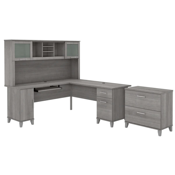 L shaped computer desk with traditional file cabinet 72 w platinum gray