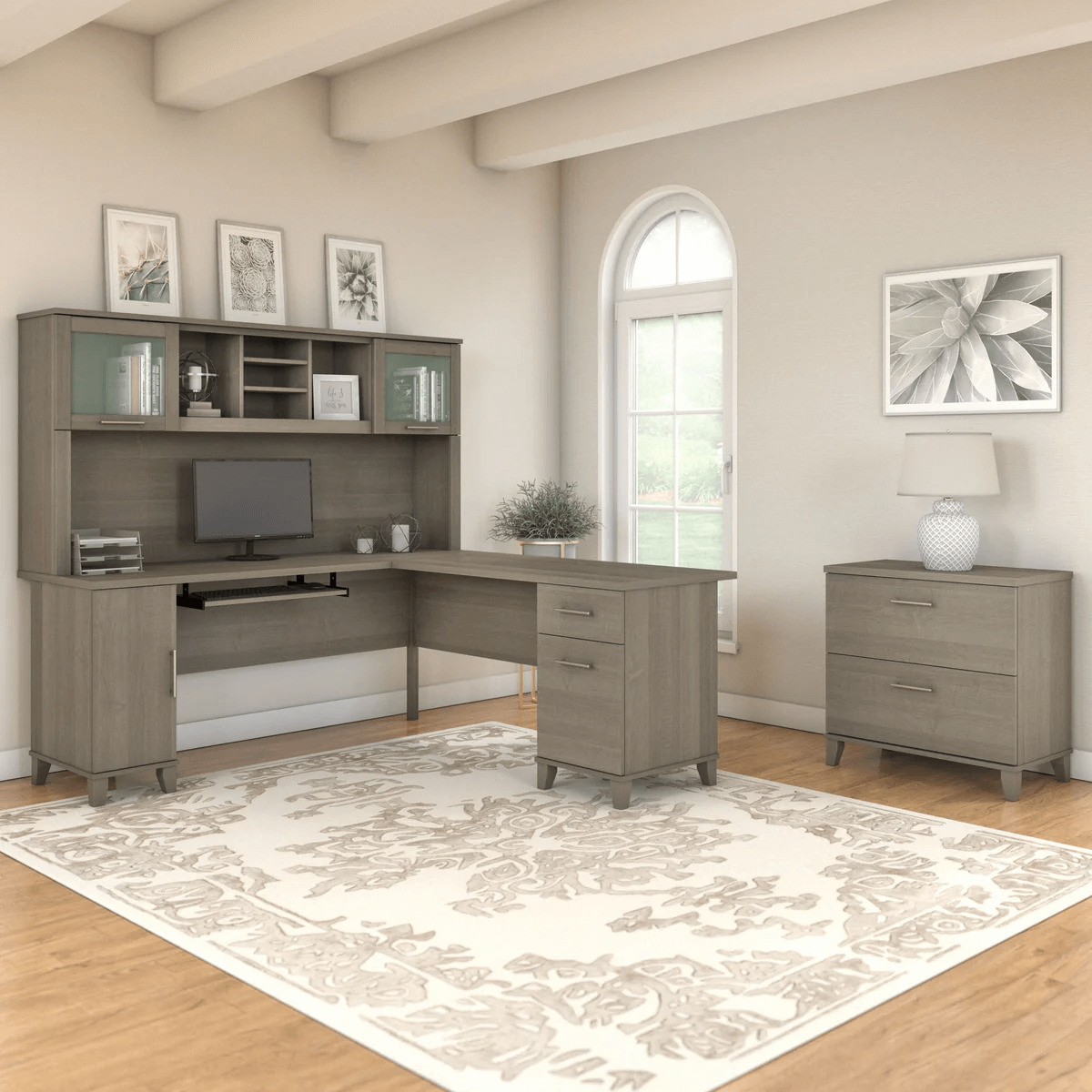 L shaped computer desk with traditional file cabinet 72 w space view ash gray