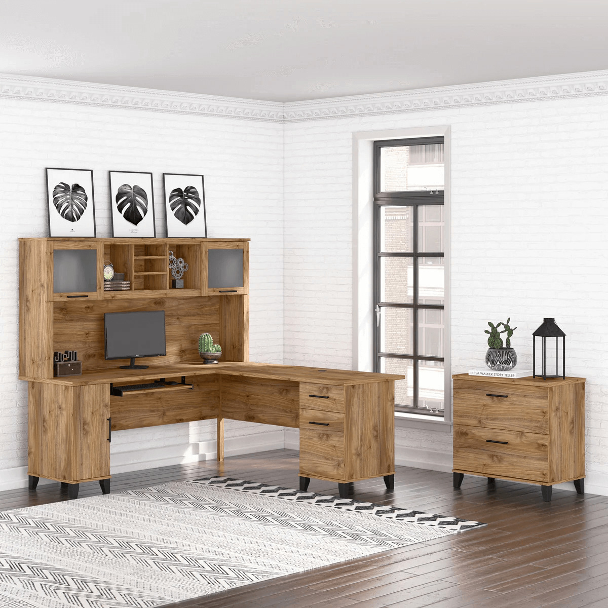 L shaped computer desk with traditional file cabinet 72 w space view fresh walnut