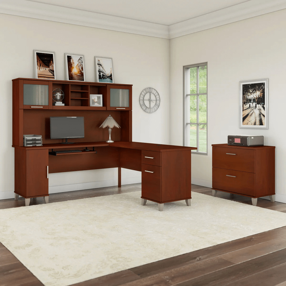 L shaped computer desk with traditional file cabinet 72 w space view hansen cherry
