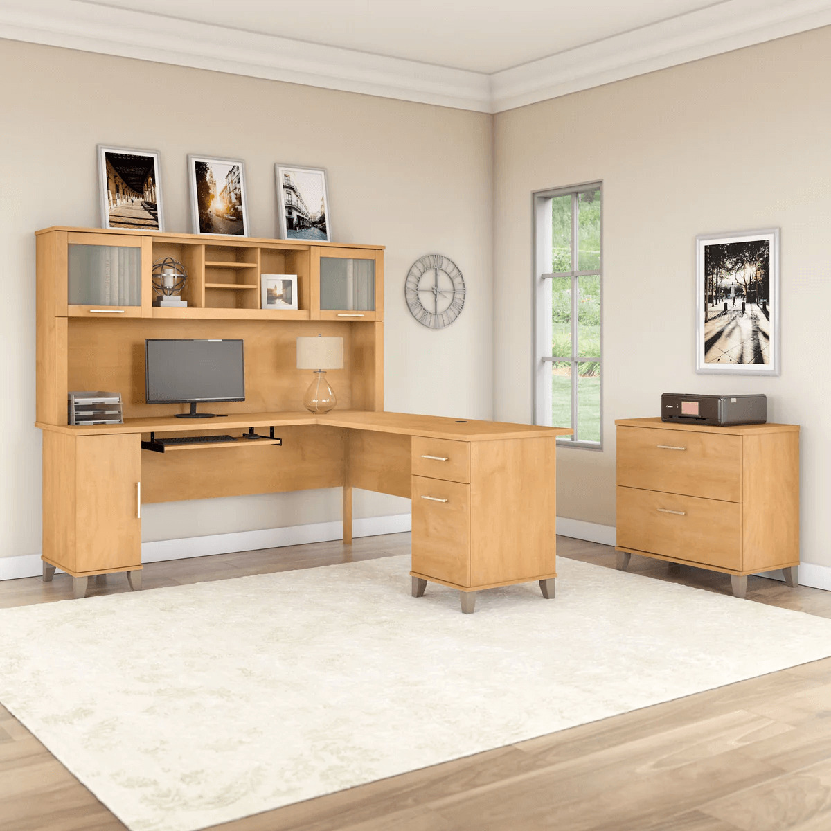 L shaped computer desk with traditional file cabinet 72 w space view maple cross