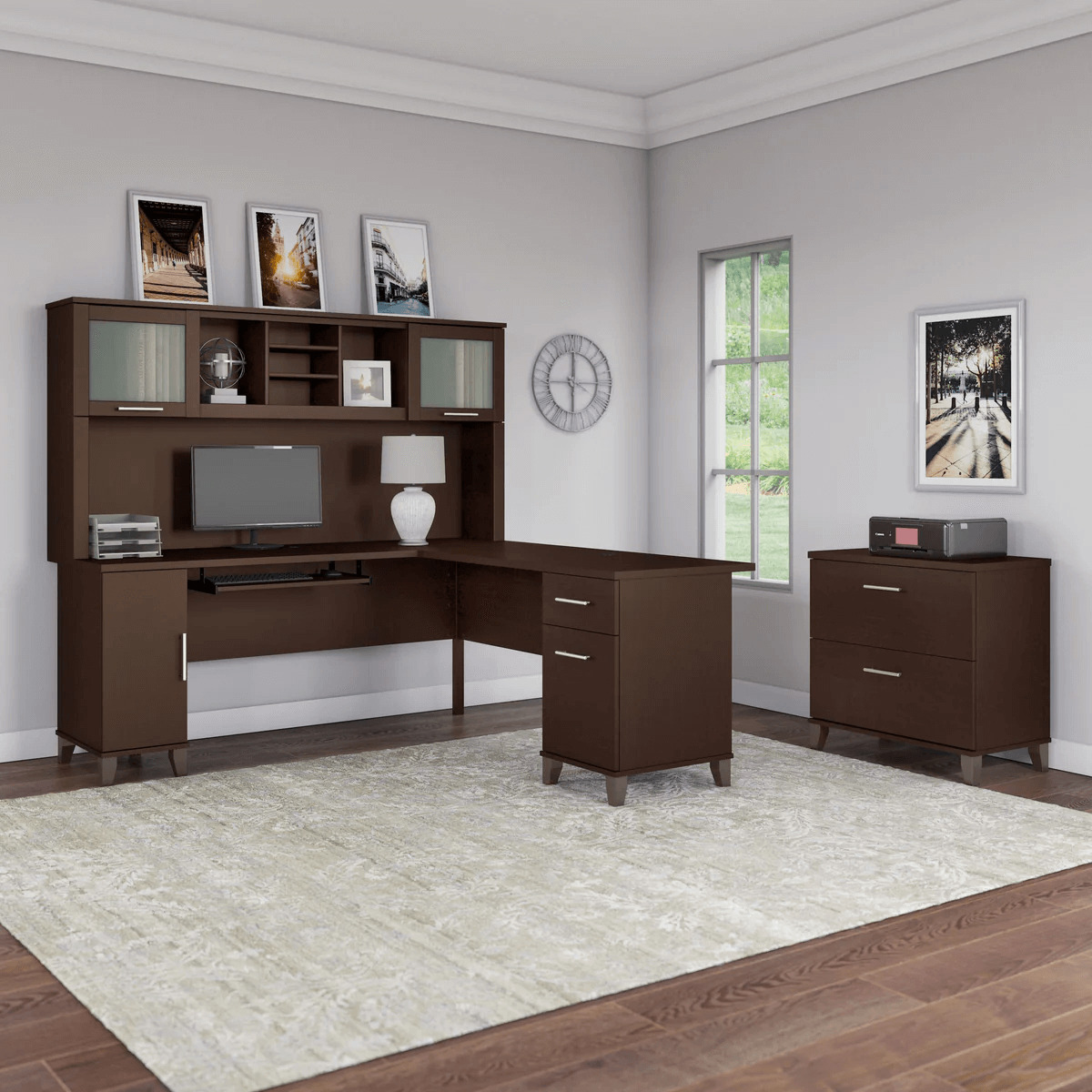 L shaped computer desk with traditional file cabinet 72 w space view mocha cherry