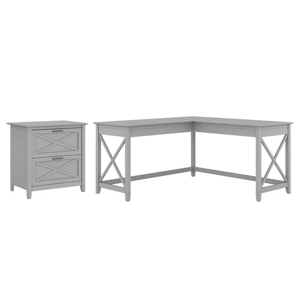 L shaped desk and file cabinet highlight cape cod gray