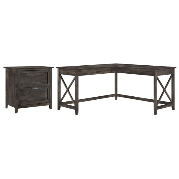 L shaped desk and file cabinet highlight dark gray hickory