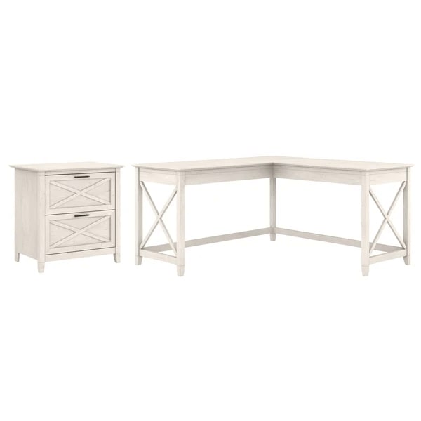 L shaped desk and file cabinet highlight linen white oak