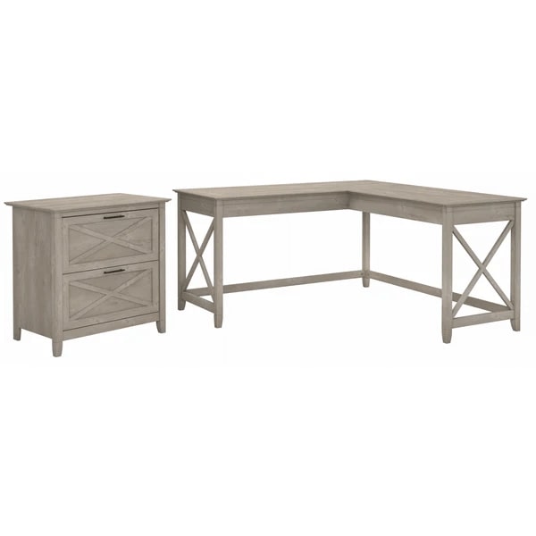L shaped desk and file cabinet highlight washed gray