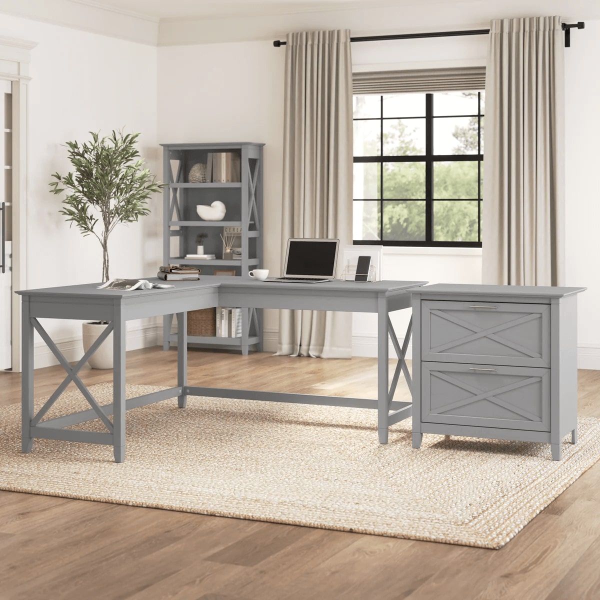 L shaped desk and file cabinet space view cape cod gray