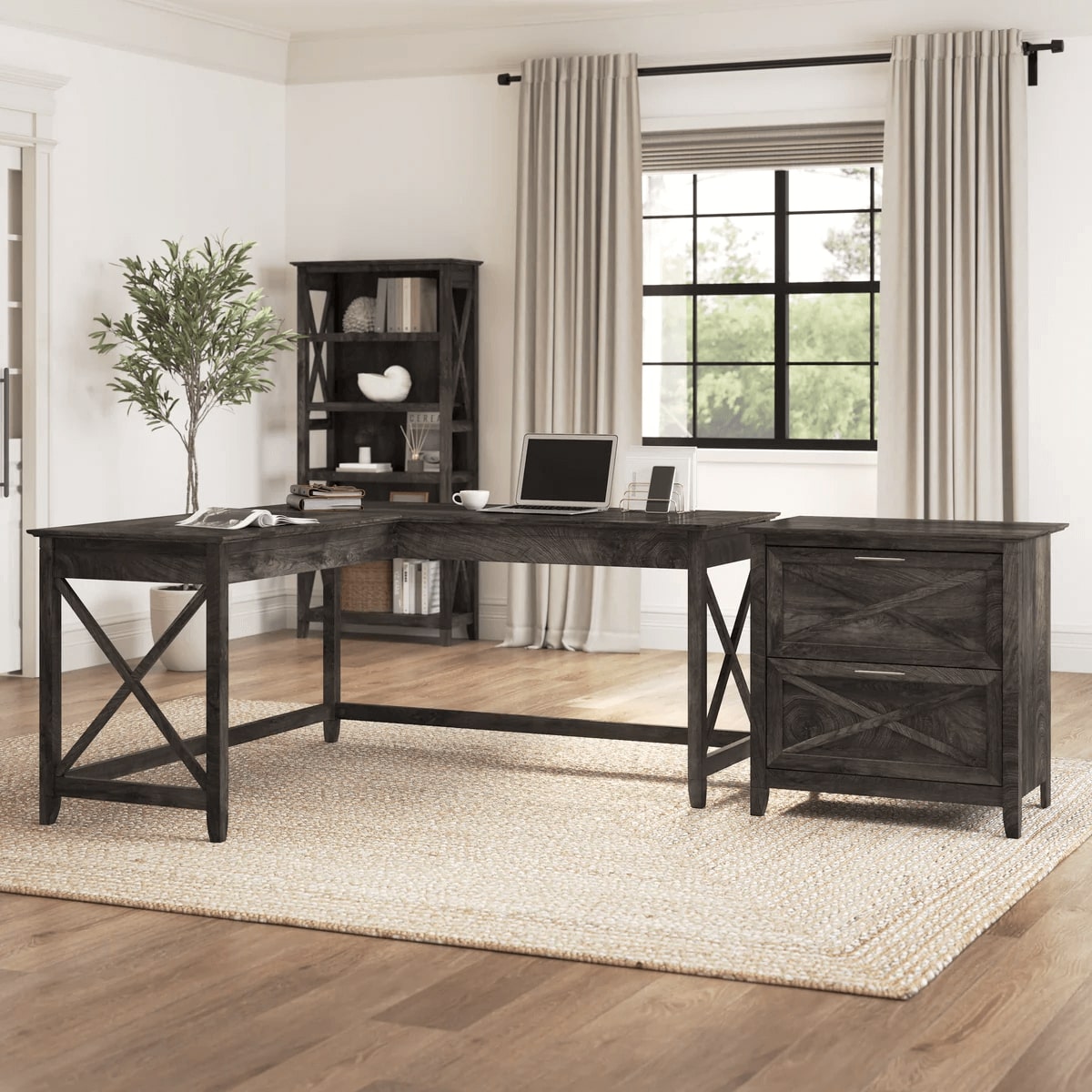 L shaped desk and file cabinet space view dark gray hickory