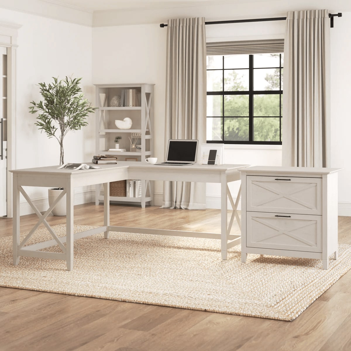 L shaped desk and file cabinet space view linen white oak