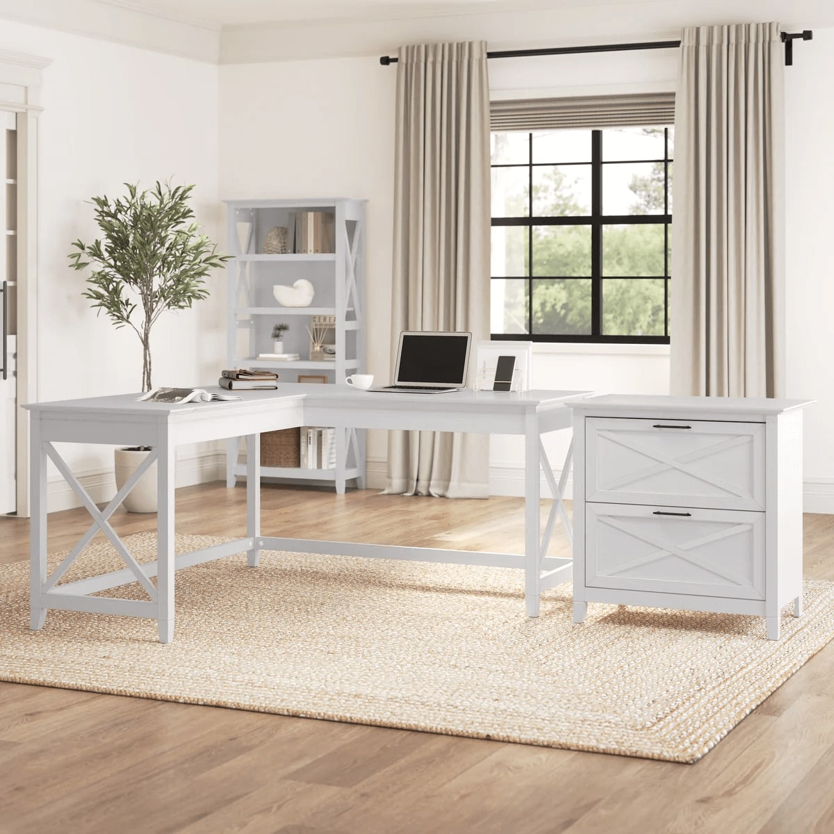 L shaped desk and file cabinet space view pure white oak