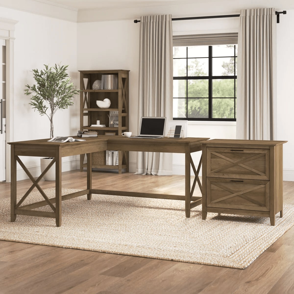 L shaped desk and file cabinet space view reclaimed pine