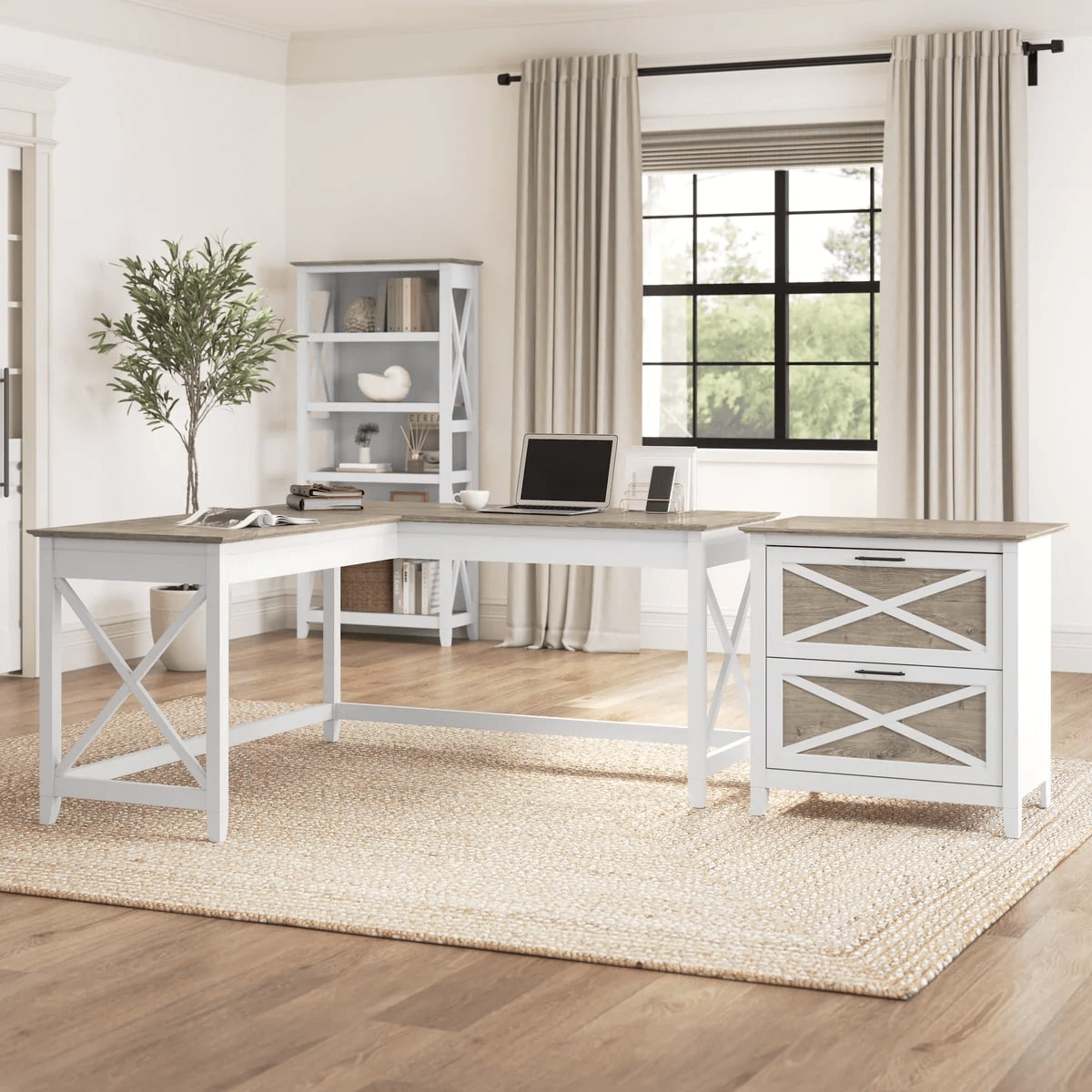 L shaped desk and file cabinet space view shiplap gray pure white