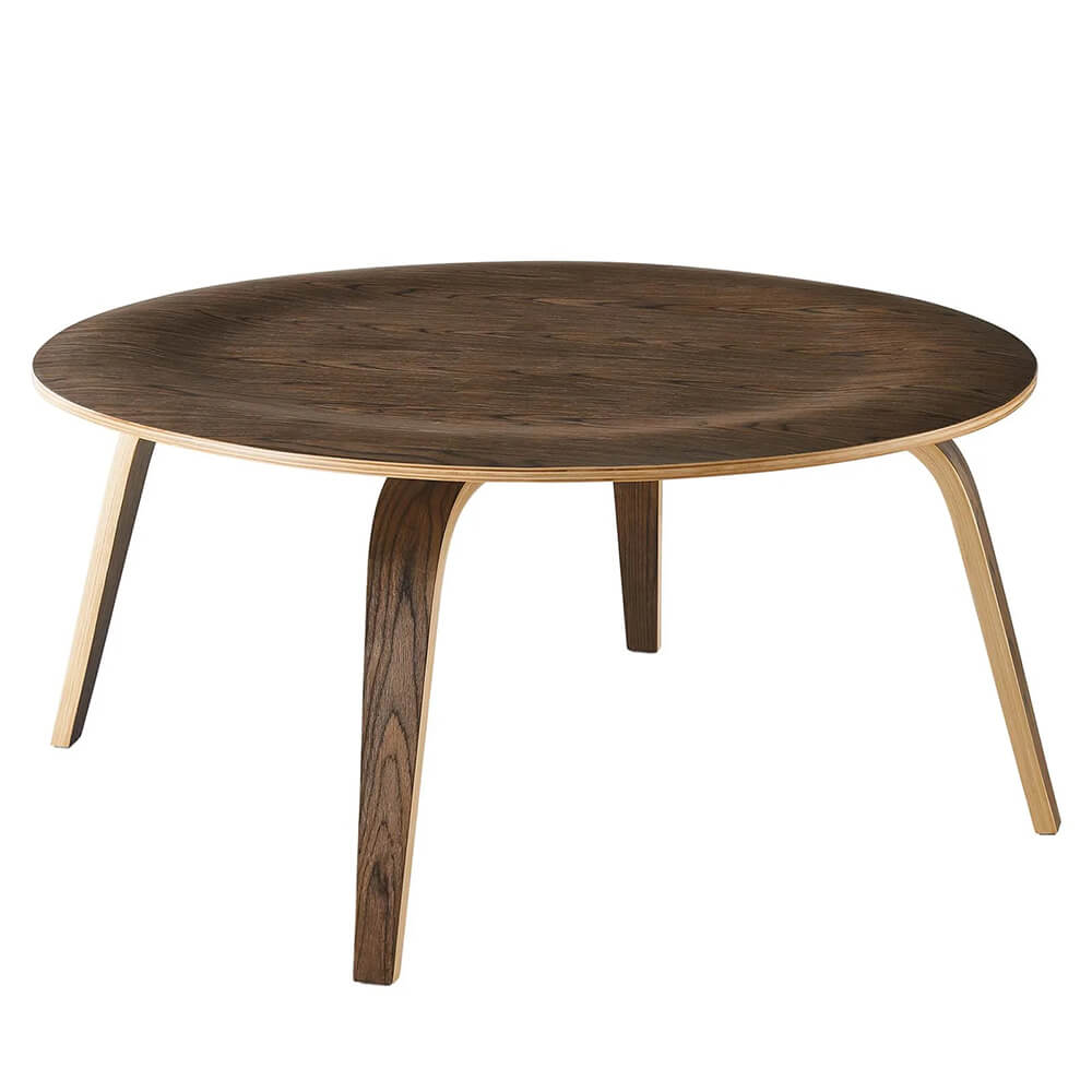 Mid century plywood coffee table angle view