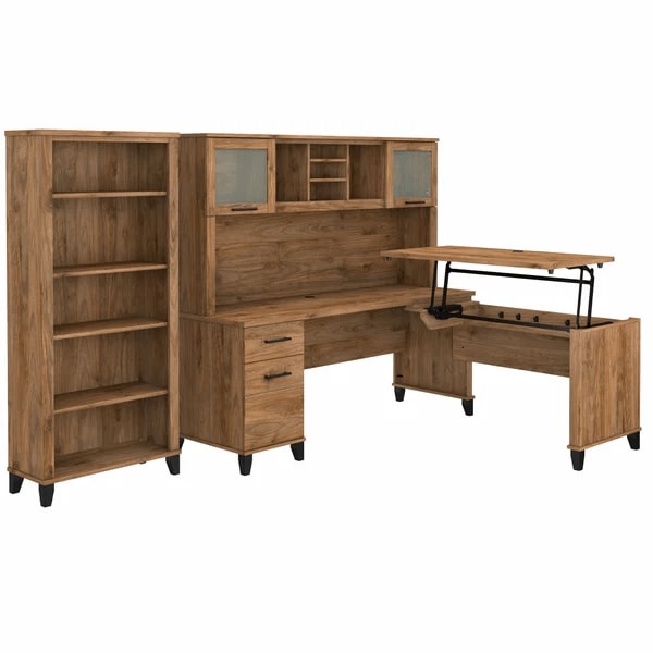 Modern office standing desk with 5 shelf bookcase highlight view fresh walnut