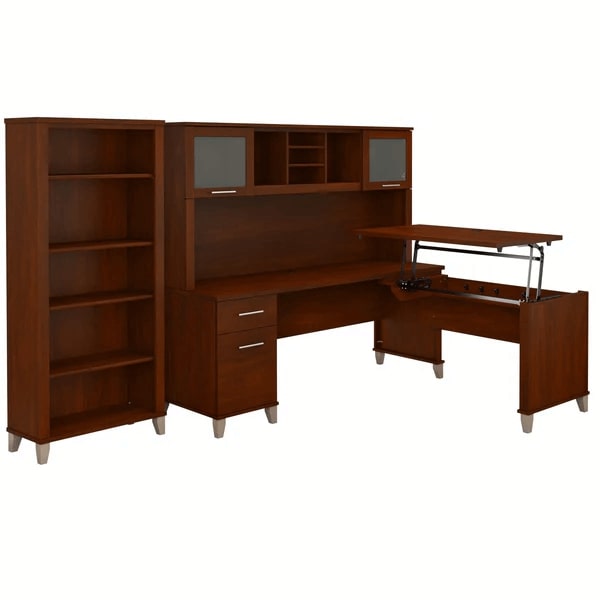 Modern office standing desk with 5 shelf bookcase highlight view hansen cherry