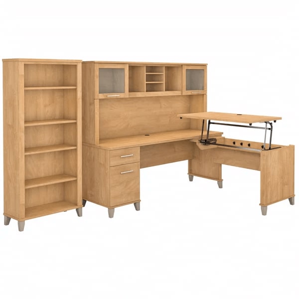 Modern office standing desk with 5 shelf bookcase highlight view maple cross