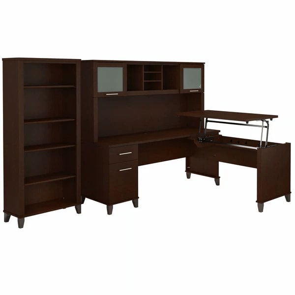Modern office standing desk with 5 shelf bookcase highlight view mocha cherry