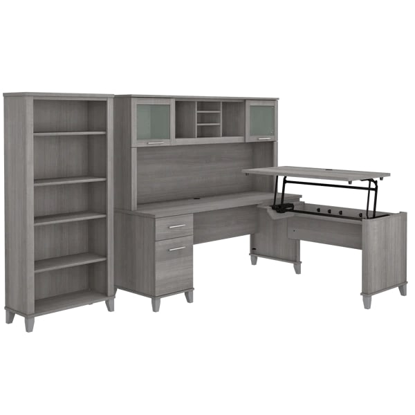 Modern office standing desk with 5 shelf bookcase highlight view platinum gray