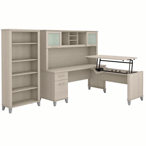 Modern office standing desk with 5 shelf bookcase highlight view sand oak