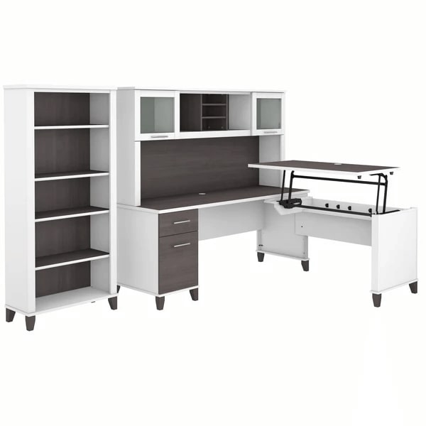 Modern office standing desk with 5 shelf bookcase highlight view storm gray white