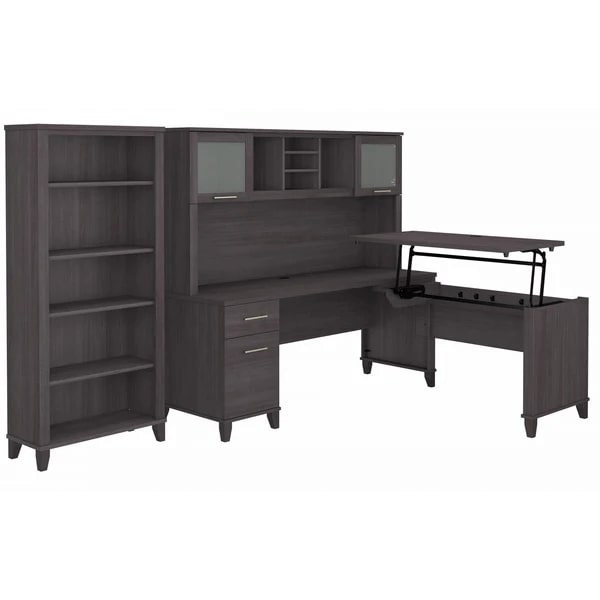 Modern office standing desk with 5 shelf bookcase highlight view storm gray