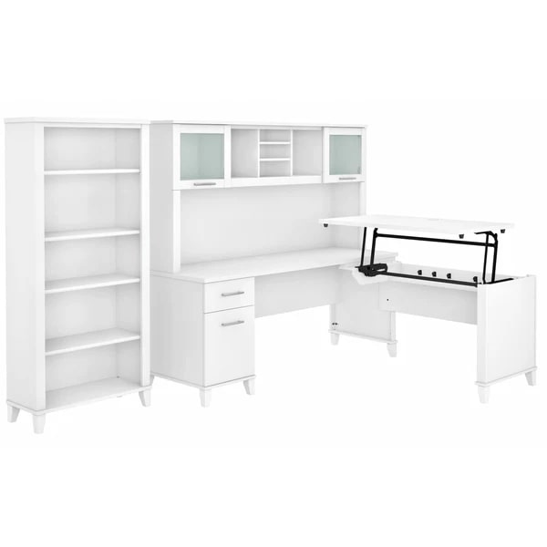 Modern office standing desk with 5 shelf bookcase highlight view white