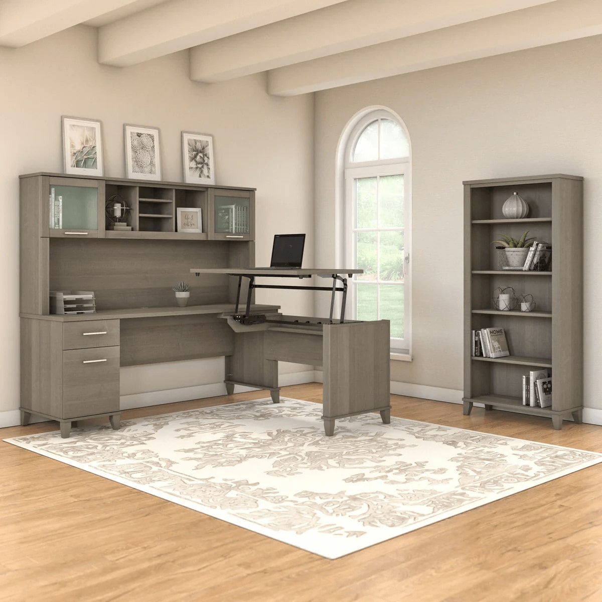 Modern office standing desk with 5 shelf bookcase space view ash gray