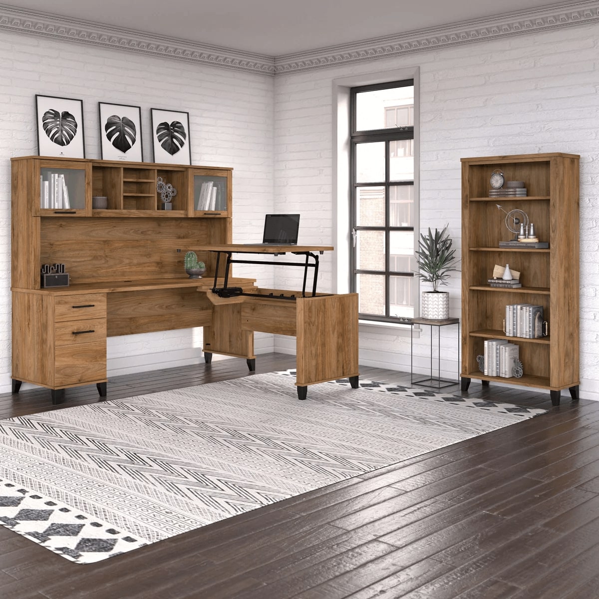 Modern office standing desk with 5 shelf bookcase space view fresh walnut