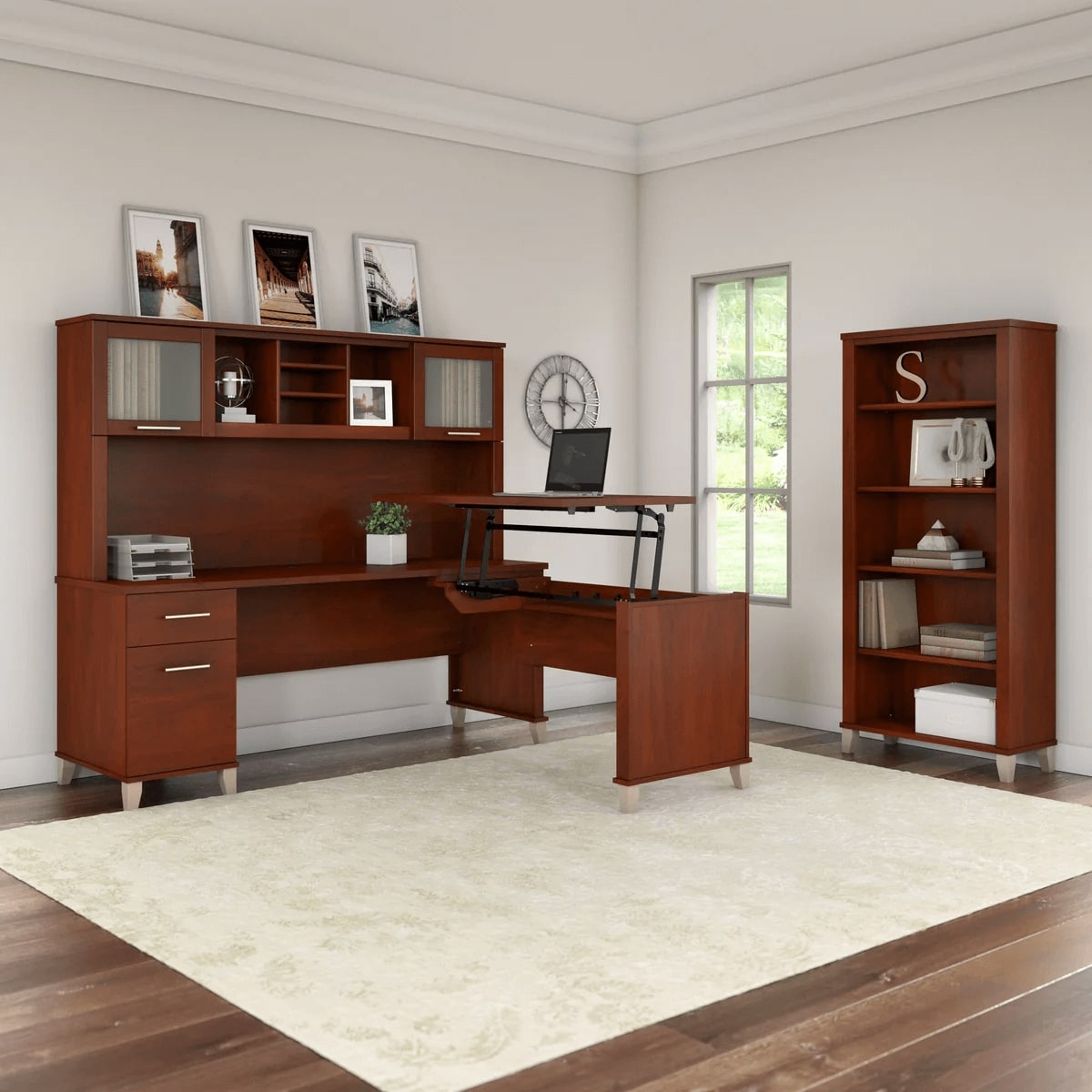 Modern office standing desk with 5 shelf bookcase space view hansen cherry