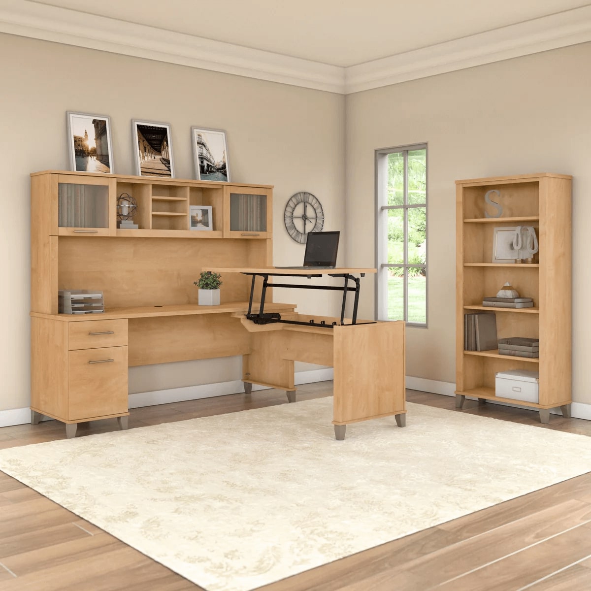 Modern office standing desk with 5 shelf bookcase space view maple cross