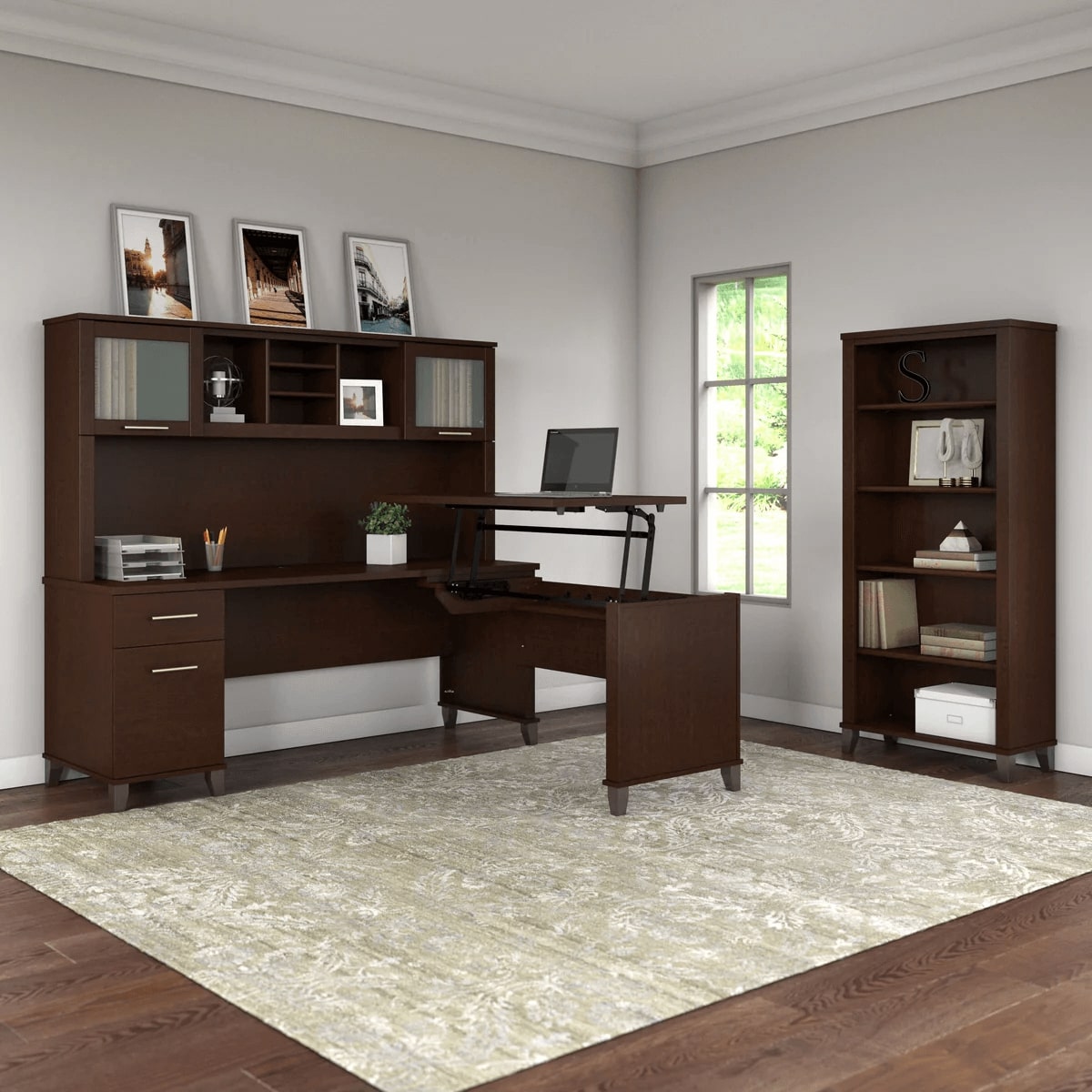 Modern office standing desk with 5 shelf bookcase space view mocha cherry