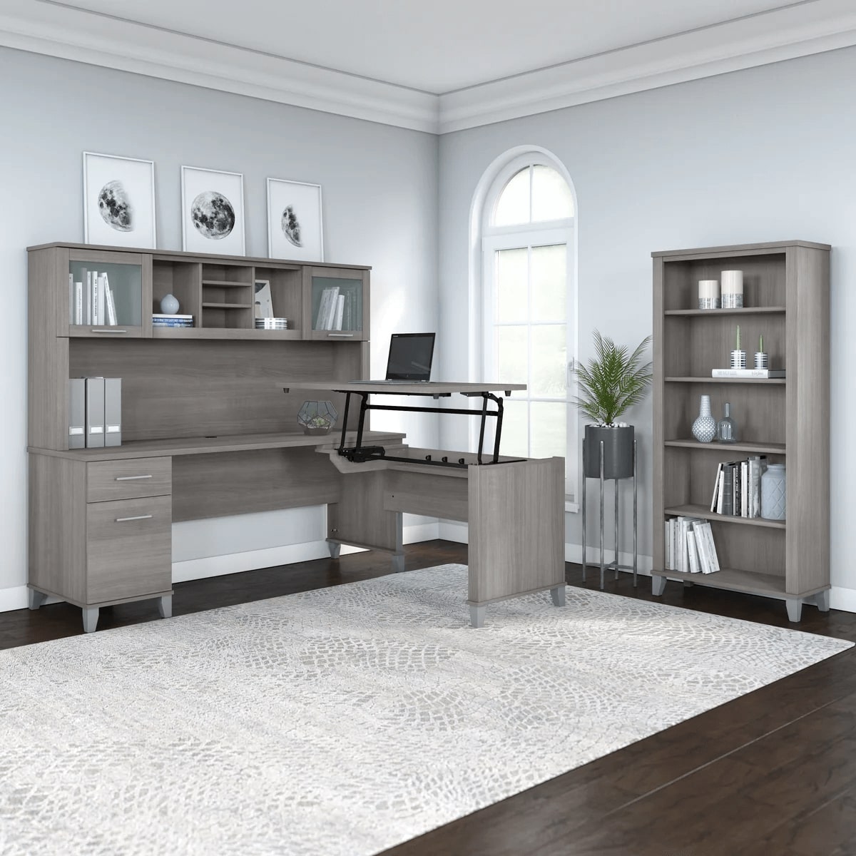 Modern office standing desk with 5 shelf bookcase space view platinum gray