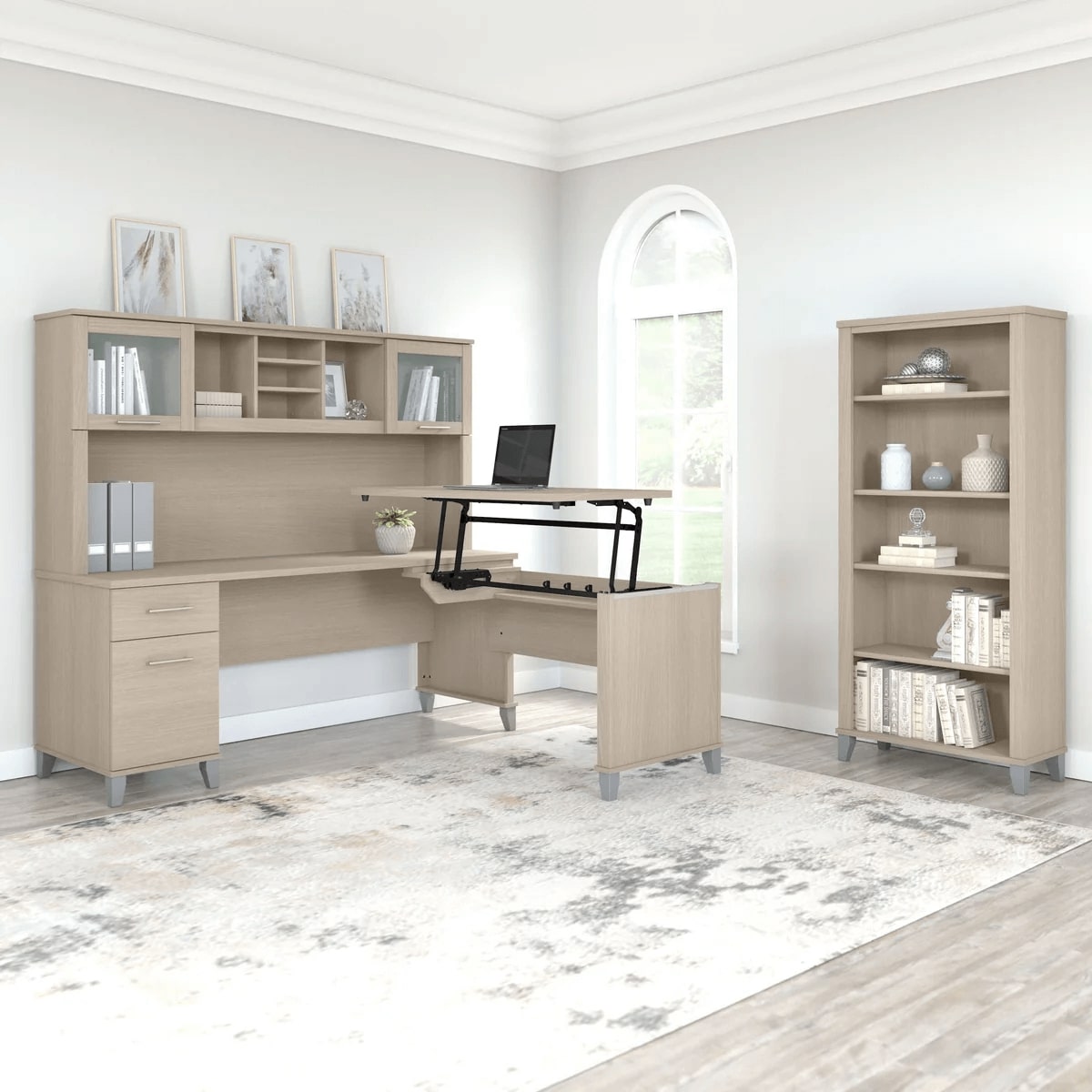 Modern office standing desk with 5 shelf bookcase space view sand oak