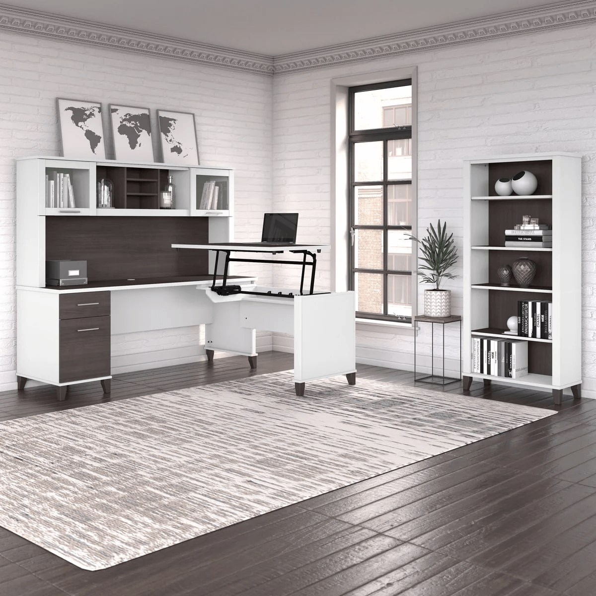 Modern office standing desk with 5 shelf bookcase space view storm gray white