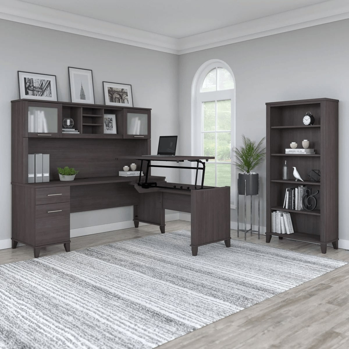 Modern office standing desk with 5 shelf bookcase space view storm gray