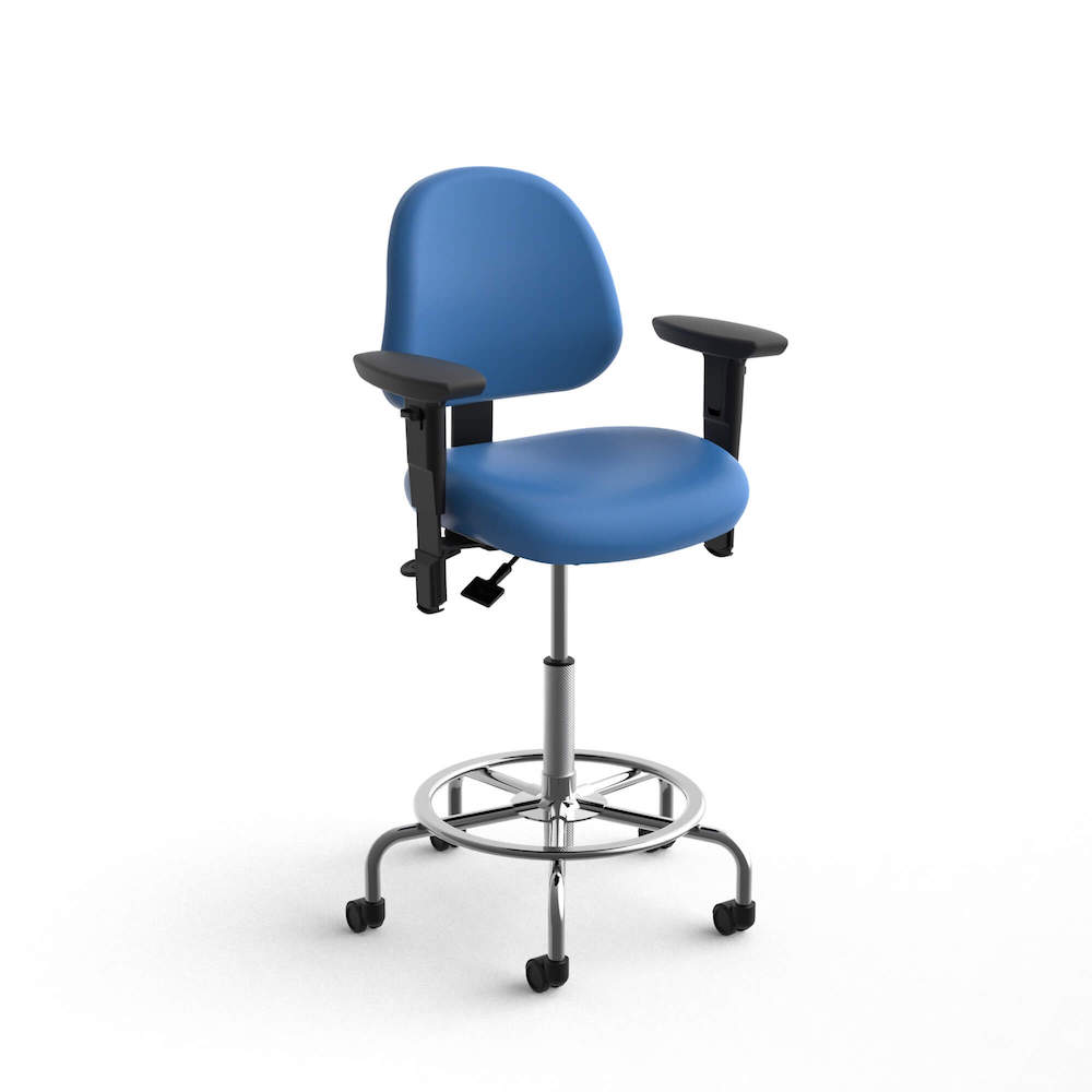 Office chair for standing desk ergonomic stool for standing desks lab stool adjustable bright blue arm rotated angle view