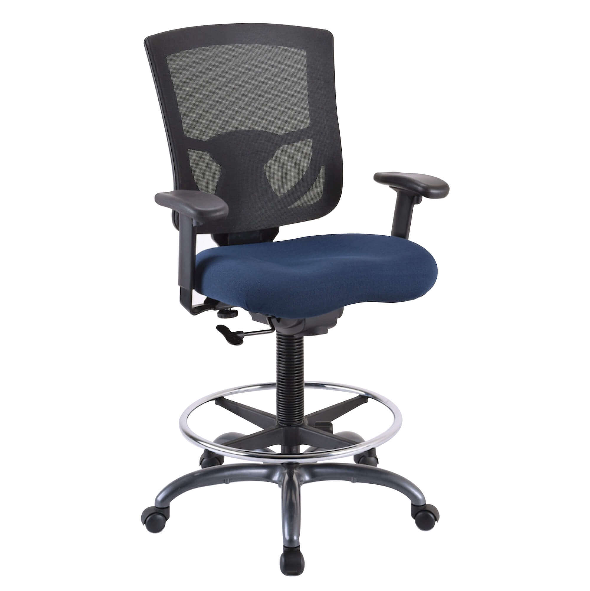 Office chair for standing desk ergonomic stool for standing desks tall drafting stool blue fabric angle view