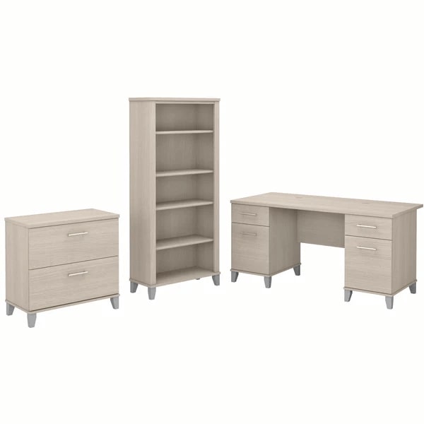 Office desk with 2 file drawers and 5 shelf bookcase highlight sand oak 1