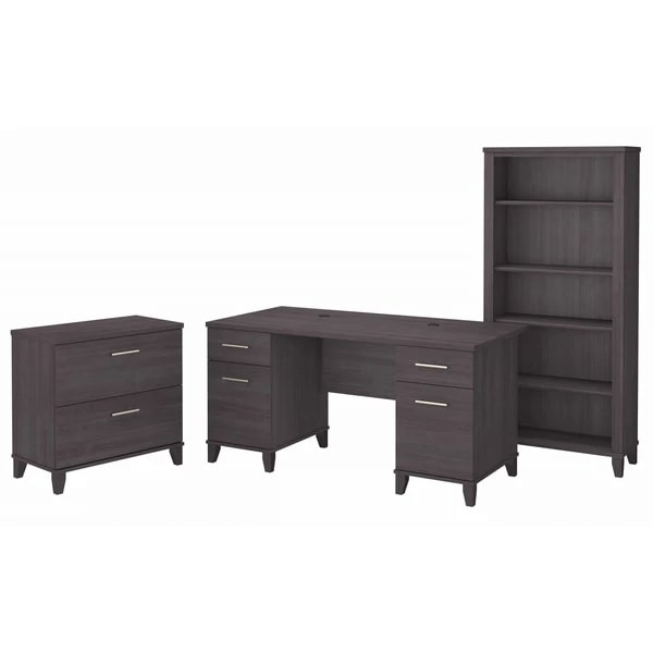 Office desk with 2 file drawers and 5 shelf bookcase highlight storm gray 1