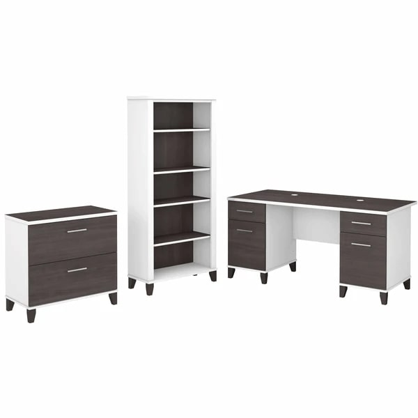 Office desk with 2 file drawers and 5 shelf bookcase highlight storm gray white 1