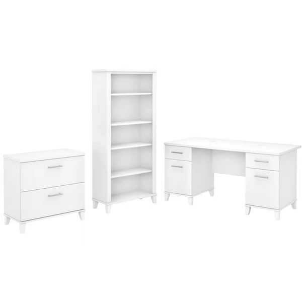 Office desk with 2 file drawers and 5 shelf bookcase highlight white 1