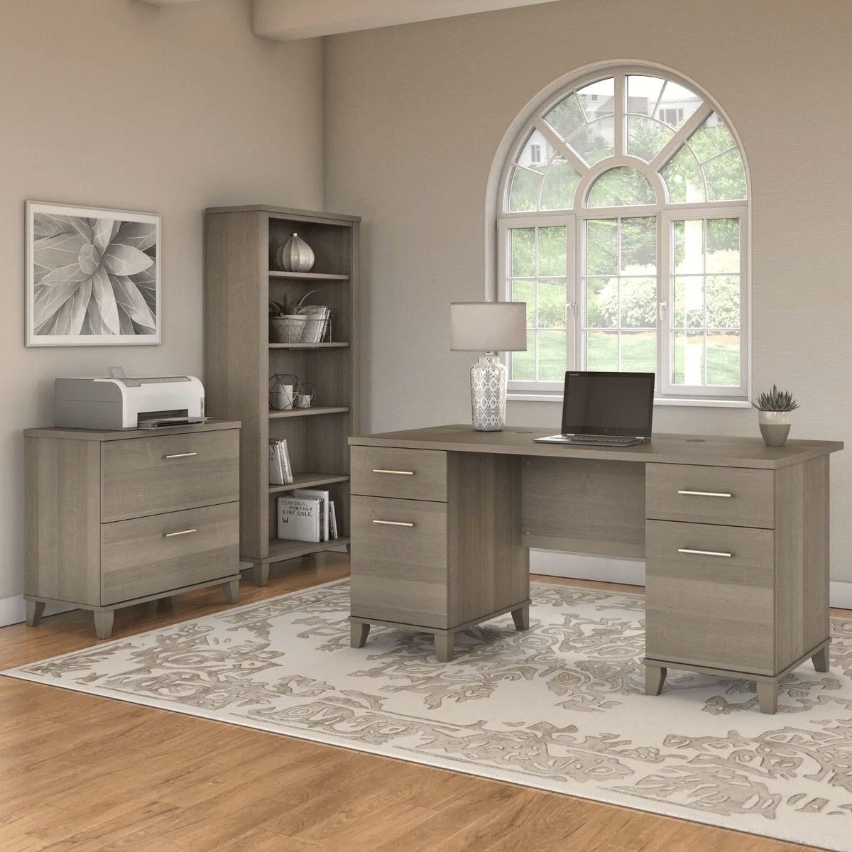Office desk with 2 file drawers and 5 shelf bookcase space view ash gray 1