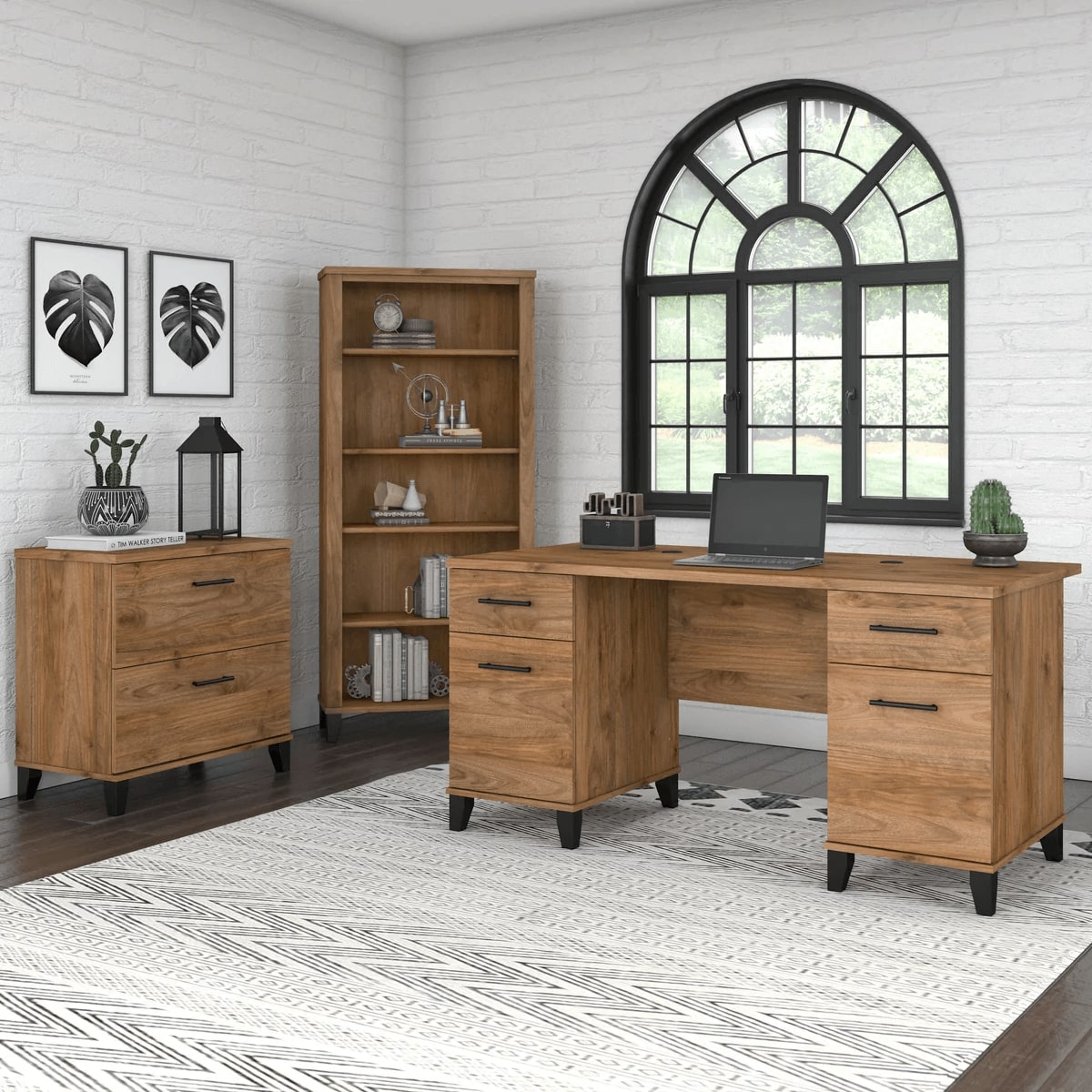 Office desk with 2 file drawers and 5 shelf bookcase space view fresh walnut 1