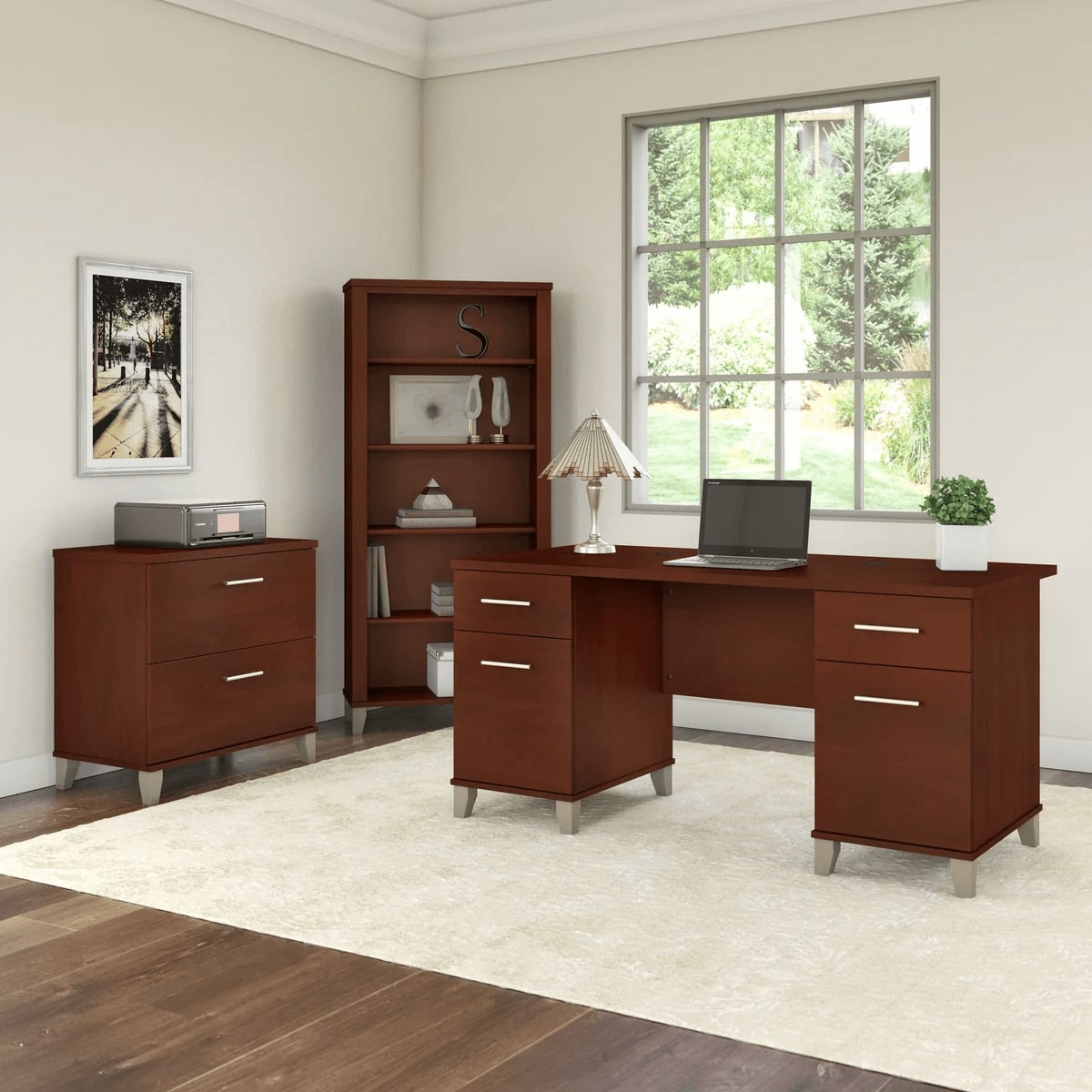 Office desk with 2 file drawers and 5 shelf bookcase space view hansen cherry 1