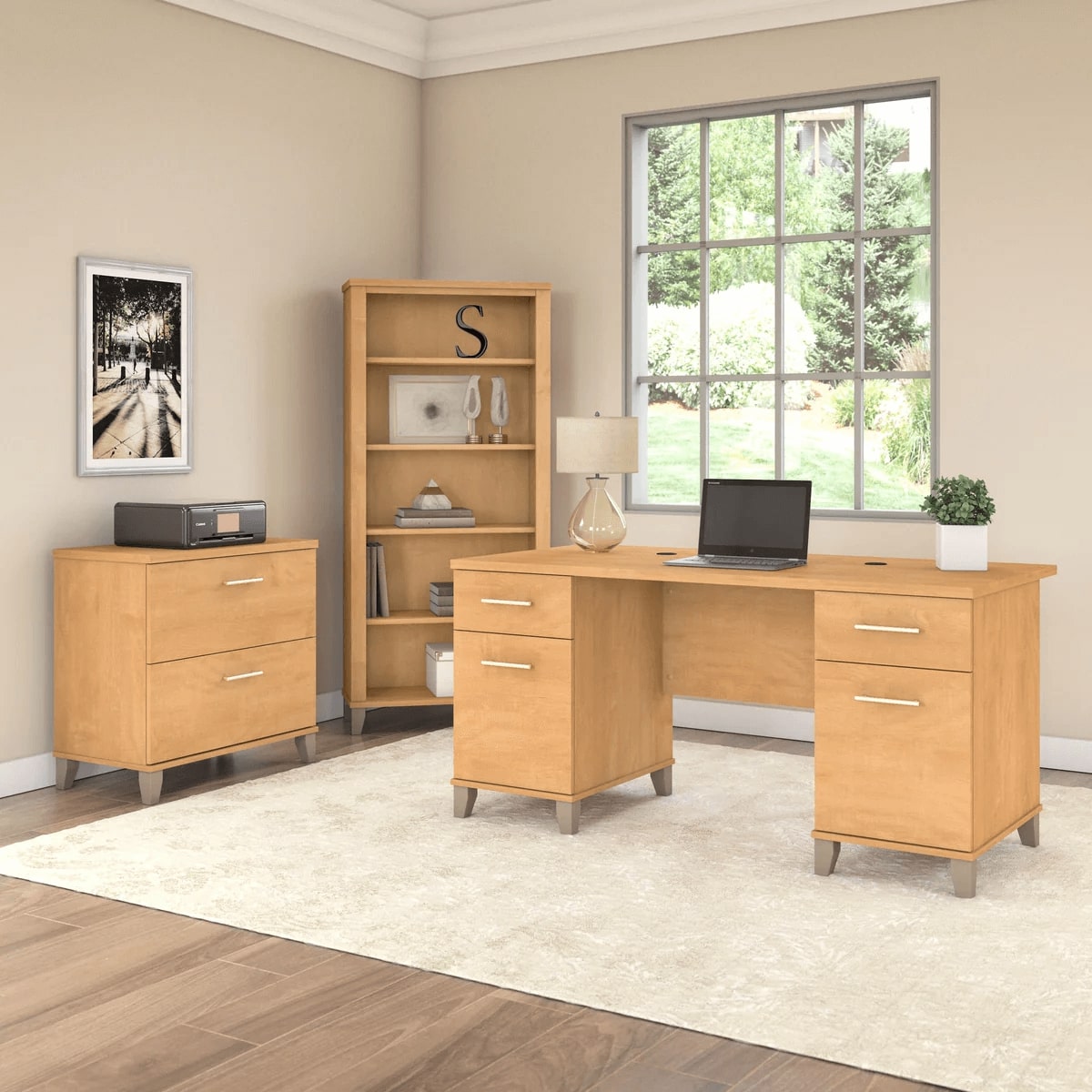 Office desk with 2 file drawers and 5 shelf bookcase space view maple cross 1