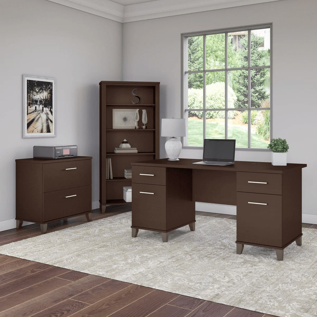 Office desk with 2 file drawers and 5 shelf bookcase space view mocha cherry 1