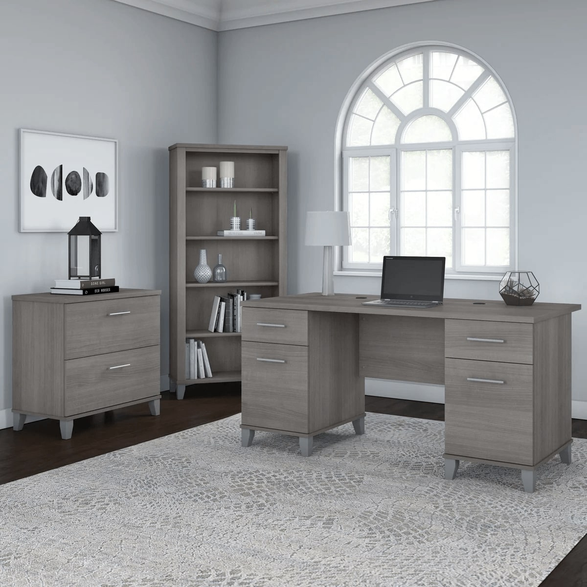 Office desk with 2 file drawers and 5 shelf bookcase space view platinum gray 1