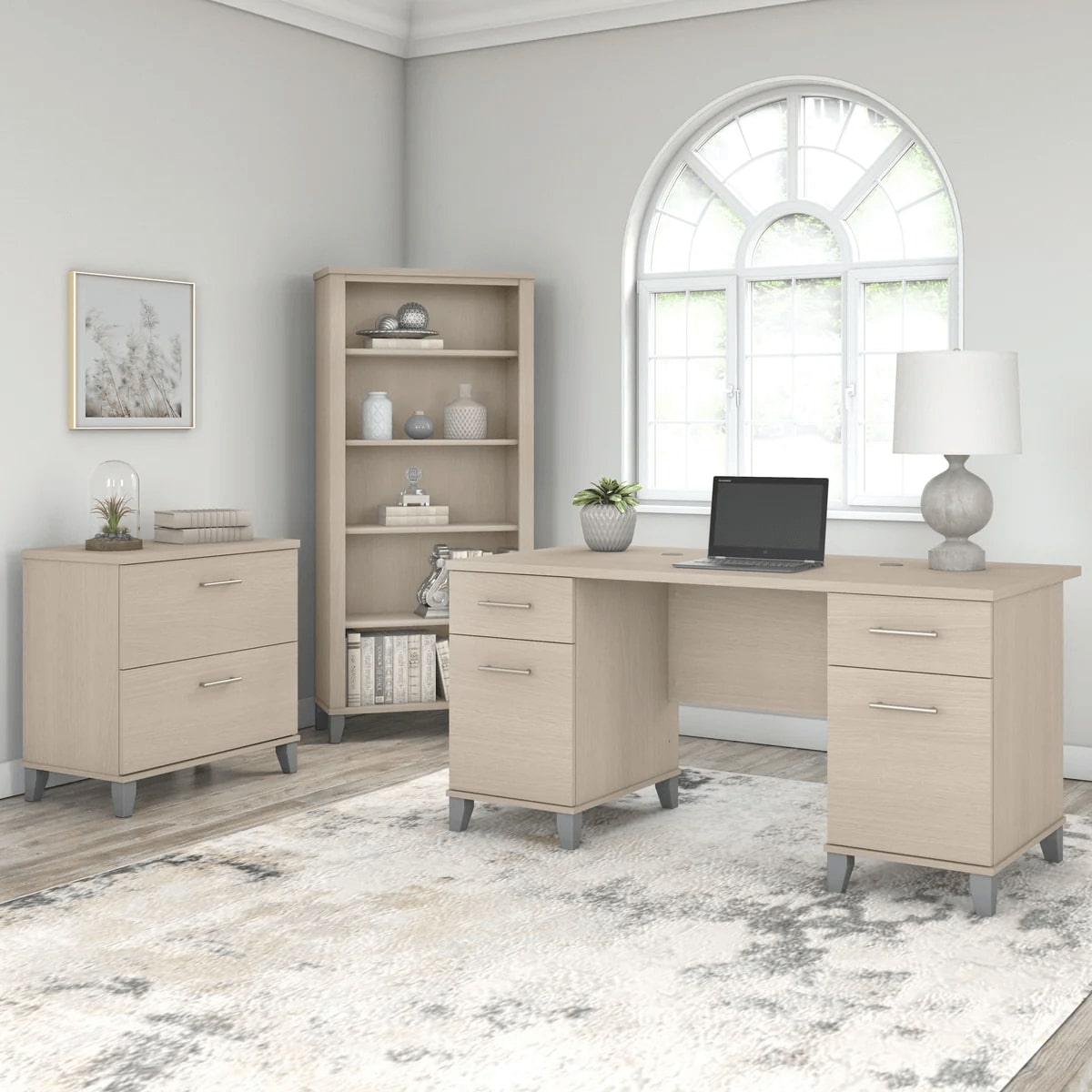 Office desk with 2 file drawers and 5 shelf bookcase space view sand oak 1